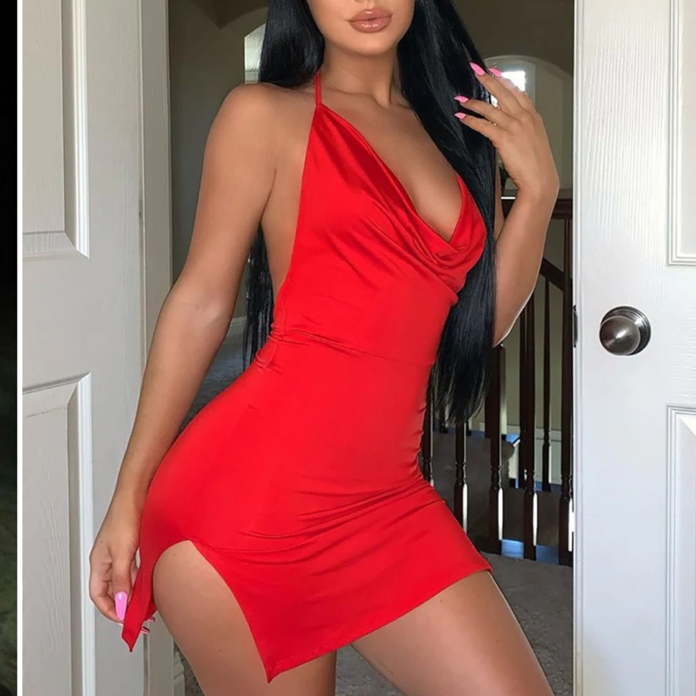Fashion Nova, red dress, halter top